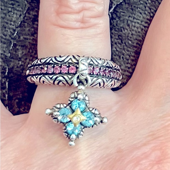 RARE Barbara Bixby Sterling/18K Rhodolite Band Ring with attached Blue Topaz